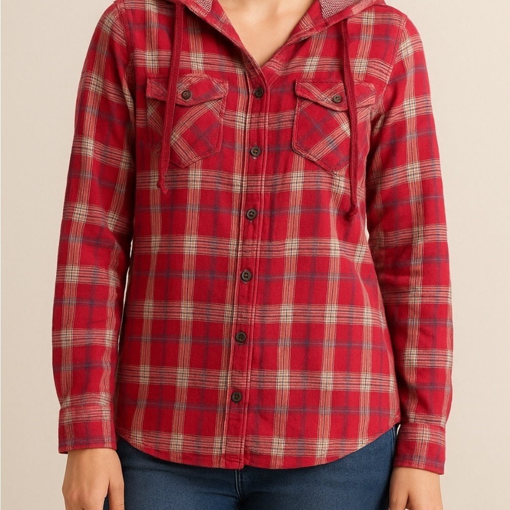 Boston TradersWoman’s Plaid Flannel Hoodie Shirt Red Blue Small